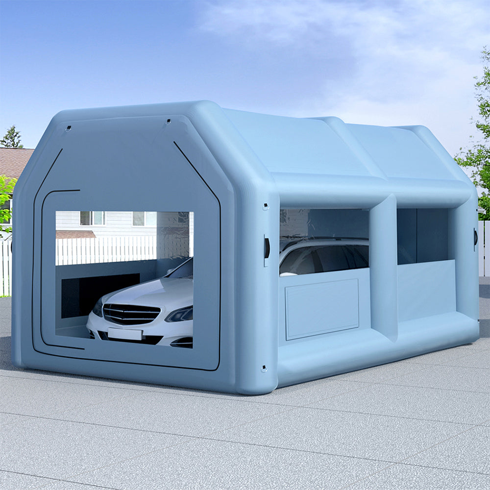 A light blue, rectangular plastic dog house with a slanted roof and multiple windows. The design includes an open front entrance and side ventilation holes. This durable, weather-resistant structure is suitable for outdoor use, perfect for those large paint jobs when paired with a Giantz Inflatable Spray Booth 4X3M Car Paint Tent Filter System Blower.