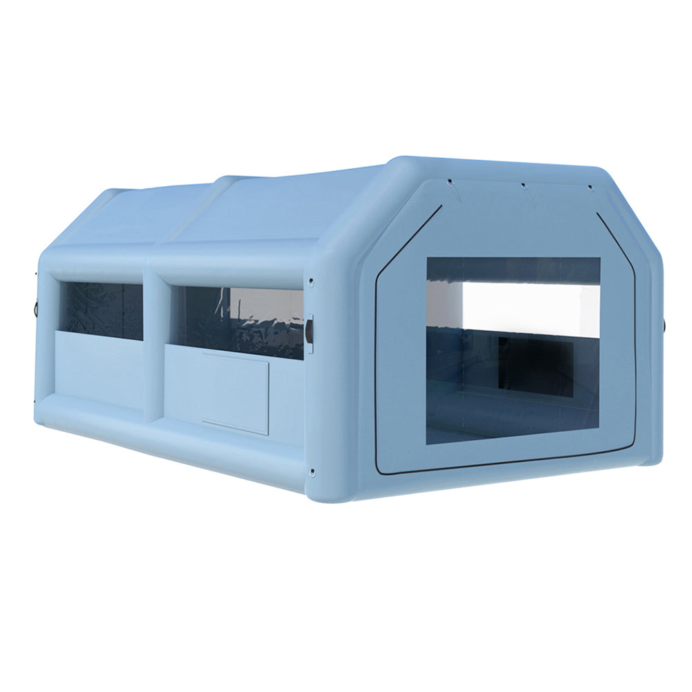 A light blue, child-sized playhouse with a pitched roof and large windows on the front and sides. Made of durable plastic, this modern design includes a door-like opening on the right side. It's as cleverly engineered as a Giantz Inflatable Spray Booth 6X4M Car Paint Tent Filter System Blower, but built for endless hours of imaginative play.