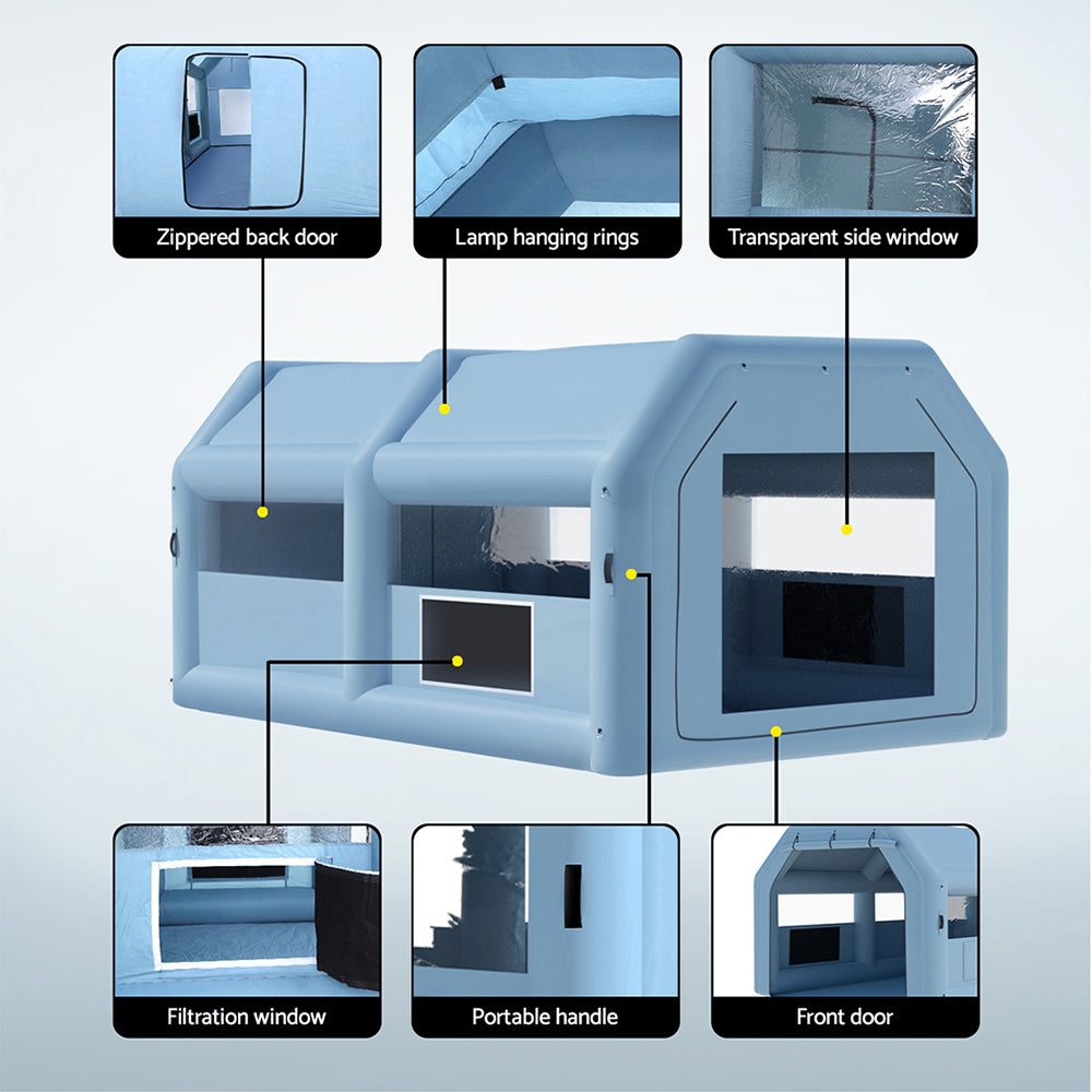 A light blue, child-sized playhouse with a pitched roof and large windows on the front and sides. Made of durable plastic, this modern design includes a door-like opening on the right side. It's as cleverly engineered as a Giantz Inflatable Spray Booth 6X4M Car Paint Tent Filter System Blower, but built for endless hours of imaginative play.