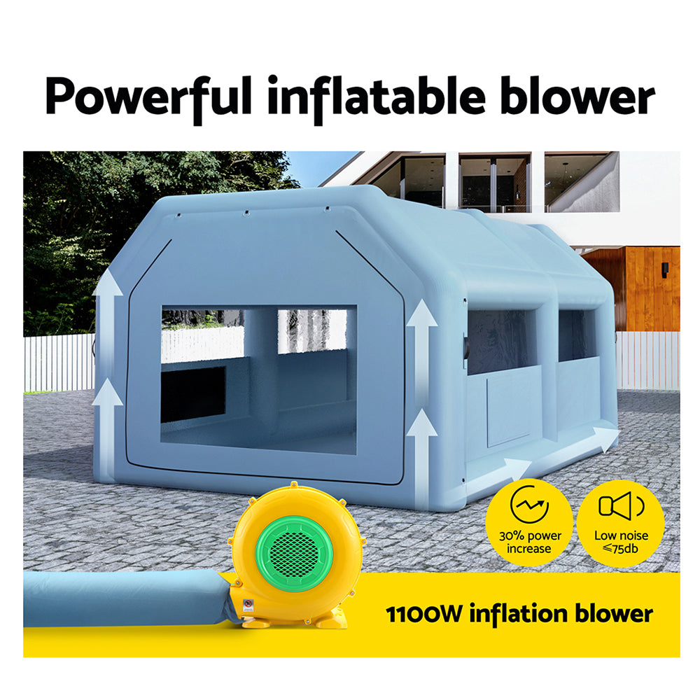 A light blue, child-sized playhouse with a pitched roof and large windows on the front and sides. Made of durable plastic, this modern design includes a door-like opening on the right side. It's as cleverly engineered as a Giantz Inflatable Spray Booth 6X4M Car Paint Tent Filter System Blower, but built for endless hours of imaginative play.