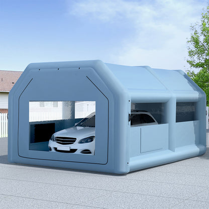 A light blue, child-sized playhouse with a pitched roof and large windows on the front and sides. Made of durable plastic, this modern design includes a door-like opening on the right side. It's as cleverly engineered as a Giantz Inflatable Spray Booth 6X4M Car Paint Tent Filter System Blower, but built for endless hours of imaginative play.