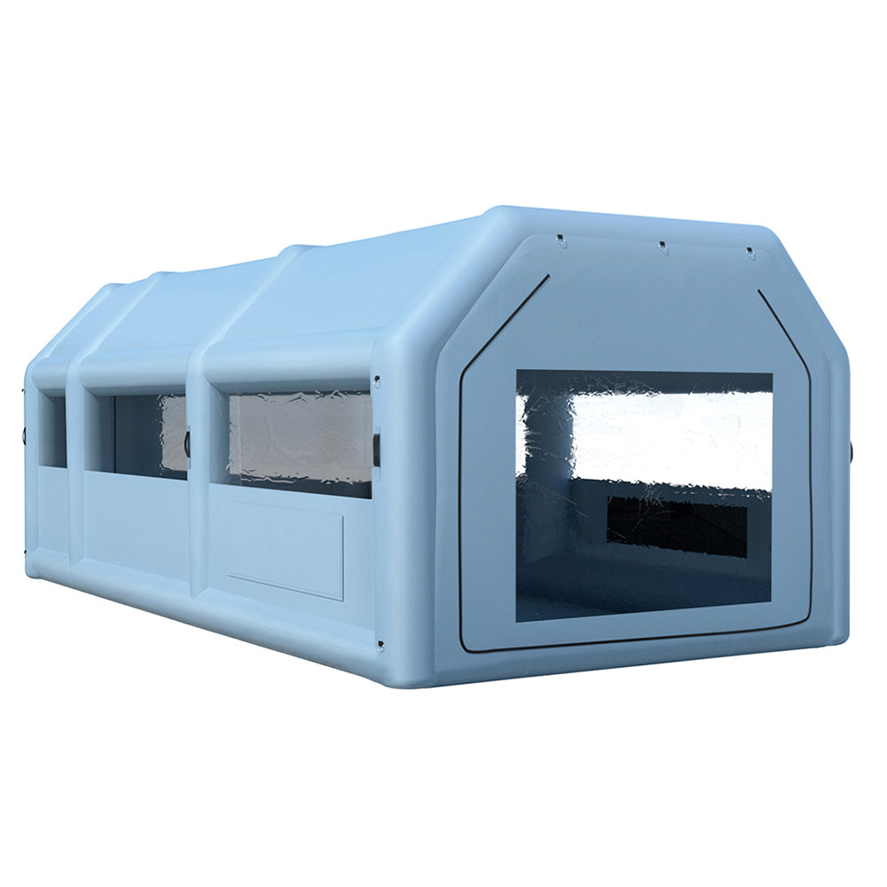 A light blue, rectangular, enclosed Giantz Inflatable Spray Booth 8.5X4.6M Car Paint Tent Filter System 2 Blowers with transparent windows on the side and front. The structure appears to be made of sturdy material and has a roof with a slight arch. The design is modern and minimalistic, featuring an electric inflation blower for quick setup.