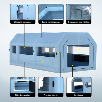 A light blue, rectangular, enclosed Giantz Inflatable Spray Booth 8.5X4.6M Car Paint Tent Filter System 2 Blowers with transparent windows on the side and front. The structure appears to be made of sturdy material and has a roof with a slight arch. The design is modern and minimalistic, featuring an electric inflation blower for quick setup.