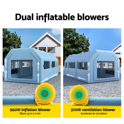 A Giantz Inflatable Spray Booth 8.5X4.8M Car Paint Tent Filter System 2 Blowers with rectangular transparent windows on the sides and at the front. The structure has a domed roof and appears to be made from sturdy material. Its compact design suggests it's portable, useful for temporary housing or emergency situations, and features a 3-layer filtration system.