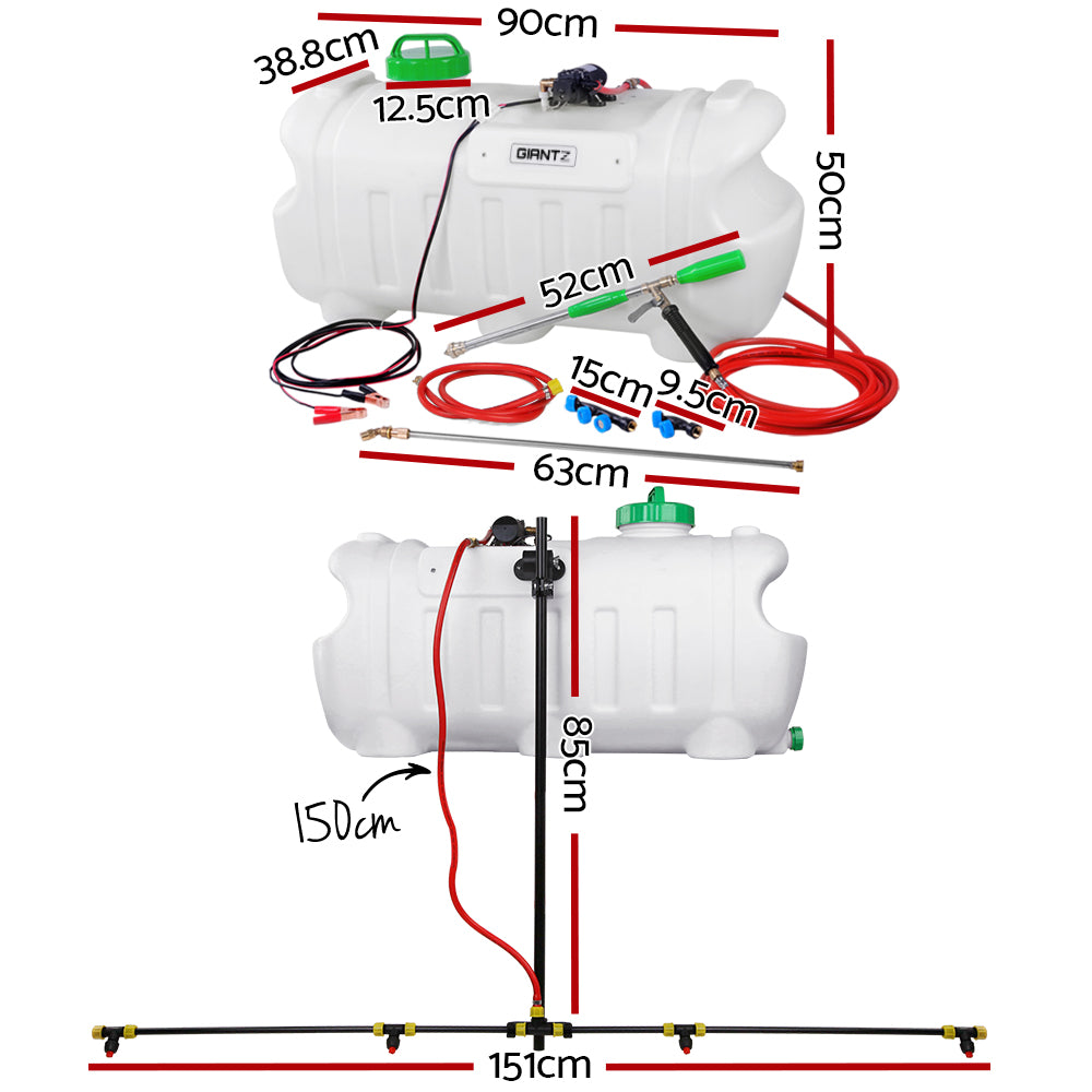 Image of a white agricultural sprayer tank with a green cap and black pump attached to a metal spraying boom. The Giantz Weed Sprayer 100L 1.5M Boom Garden Spray setup includes various accessories, such as spray nozzles, tubing, and straps, laid out neatly around the weed sprayer.