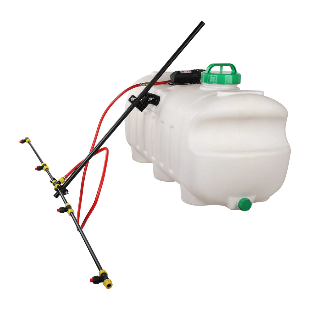 Image of a white agricultural sprayer tank with a green cap and black pump attached to a metal spraying boom. The Giantz Weed Sprayer 100L 1.5M Boom Garden Spray setup includes various accessories, such as spray nozzles, tubing, and straps, laid out neatly around the weed sprayer.