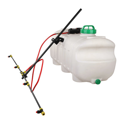 Image of a white agricultural sprayer tank with a green cap and black pump attached to a metal spraying boom. The Giantz Weed Sprayer 100L 1.5M Boom Garden Spray setup includes various accessories, such as spray nozzles, tubing, and straps, laid out neatly around the weed sprayer.