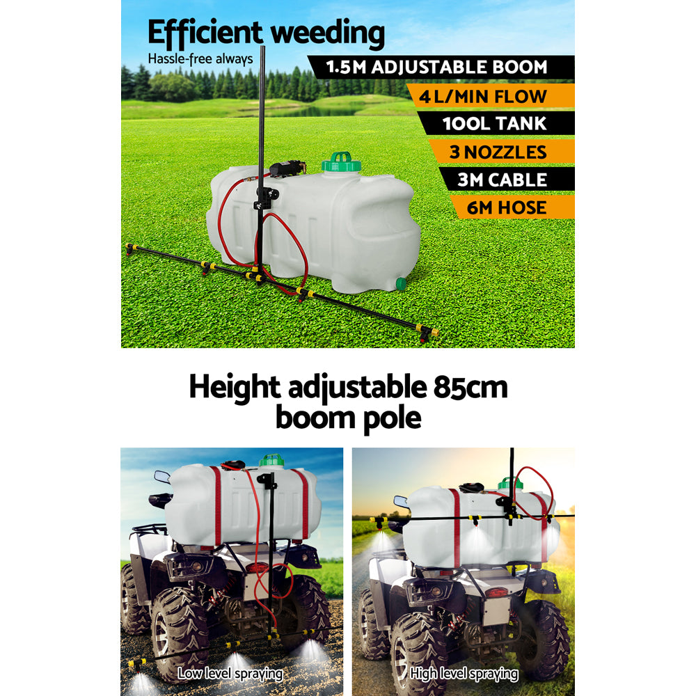 Image of a white agricultural sprayer tank with a green cap and black pump attached to a metal spraying boom. The Giantz Weed Sprayer 100L 1.5M Boom Garden Spray setup includes various accessories, such as spray nozzles, tubing, and straps, laid out neatly around the weed sprayer.