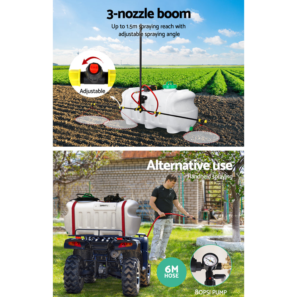 Image of a white agricultural sprayer tank with a green cap and black pump attached to a metal spraying boom. The Giantz Weed Sprayer 100L 1.5M Boom Garden Spray setup includes various accessories, such as spray nozzles, tubing, and straps, laid out neatly around the weed sprayer.