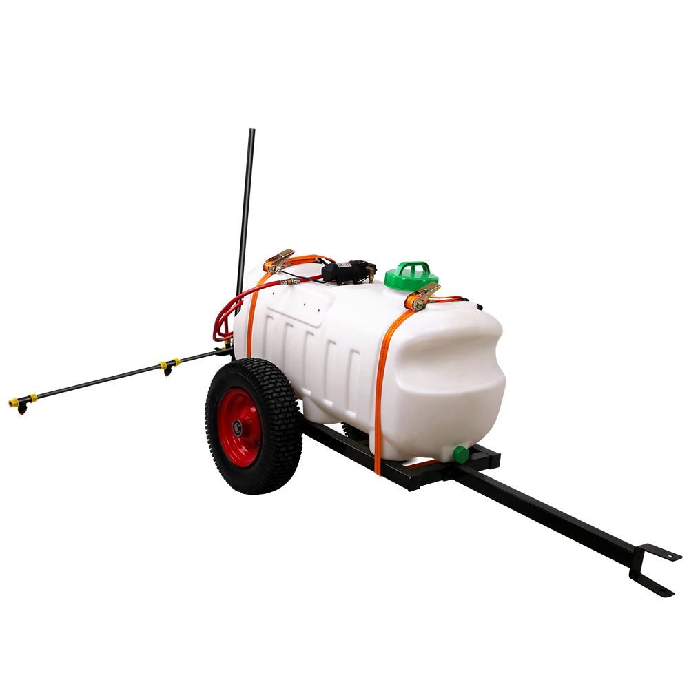 A Giantz Weed Sprayer 100L Trailer 1.5M Boom Garden Spray mounted on a black metal frame with two red wheels. The 100L tank has a green cap and orange straps securing it. Two long metal arms extend outwards with nozzles for spraying, and there's a black handle for towing the trailer.