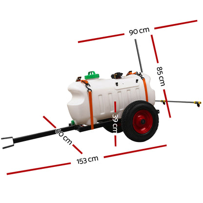 A Giantz Weed Sprayer 100L Trailer 1.5M Boom Garden Spray mounted on a black metal frame with two red wheels. The 100L tank has a green cap and orange straps securing it. Two long metal arms extend outwards with nozzles for spraying, and there's a black handle for towing the trailer.