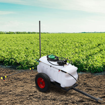 A Giantz Weed Sprayer 100L Trailer 1.5M Boom Garden Spray mounted on a black metal frame with two red wheels. The 100L tank has a green cap and orange straps securing it. Two long metal arms extend outwards with nozzles for spraying, and there's a black handle for towing the trailer.