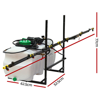 A Giantz Weed Sprayer 100L 3M Boom Garden Spray is mounted on a black metal frame. It features a long horizontal boom with multiple yellow nozzles for spraying. A black hose and green cap are visible on the top of the tank.