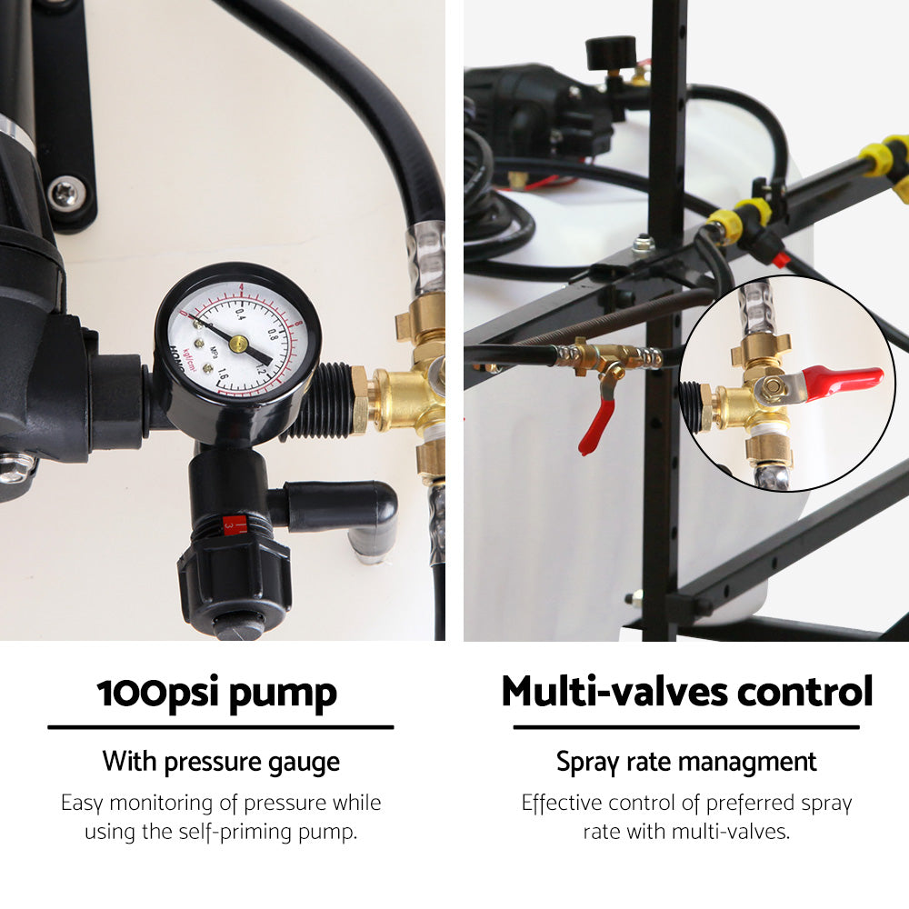 A Giantz Weed Sprayer 100L 3M Boom Garden Spray is mounted on a black metal frame. It features a long horizontal boom with multiple yellow nozzles for spraying. A black hose and green cap are visible on the top of the tank.