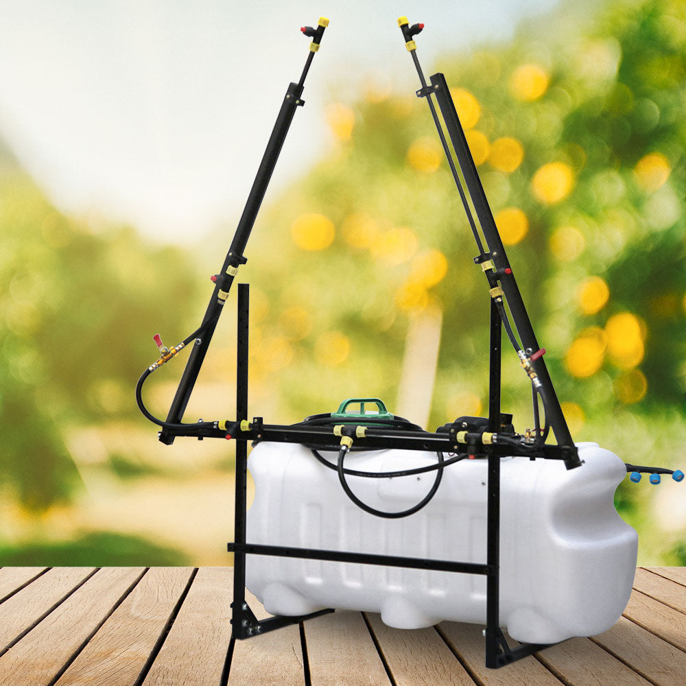 A Giantz Weed Sprayer 100L 3M Boom Garden Spray is mounted on a black metal frame. It features a long horizontal boom with multiple yellow nozzles for spraying. A black hose and green cap are visible on the top of the tank.