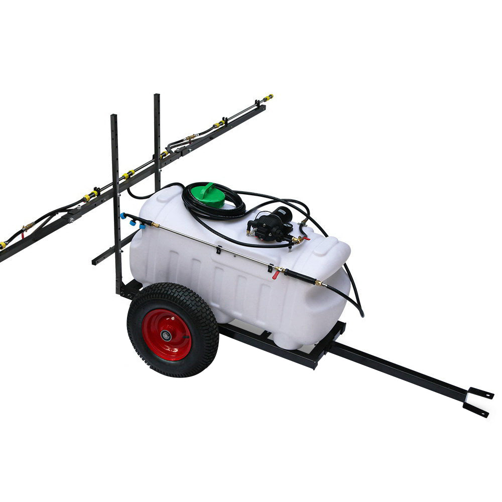 A Giantz Weed Sprayer 100L Trailer 3M Boom Garden Spray with a large 100L white tank, black frame, two red wheels, and multiple nozzles attached to extended horizontal arms. This trailer-mounted system is designed for agricultural applications such as pesticide or fertilizer spraying.