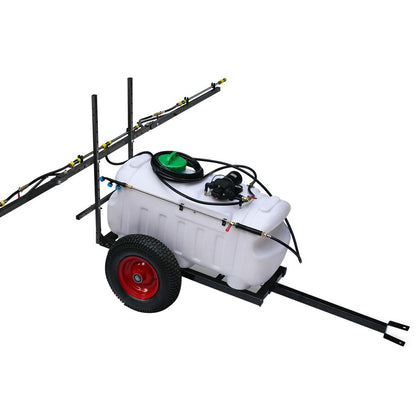 A Giantz Weed Sprayer 100L Trailer 3M Boom Garden Spray with a large 100L white tank, black frame, two red wheels, and multiple nozzles attached to extended horizontal arms. This trailer-mounted system is designed for agricultural applications such as pesticide or fertilizer spraying.