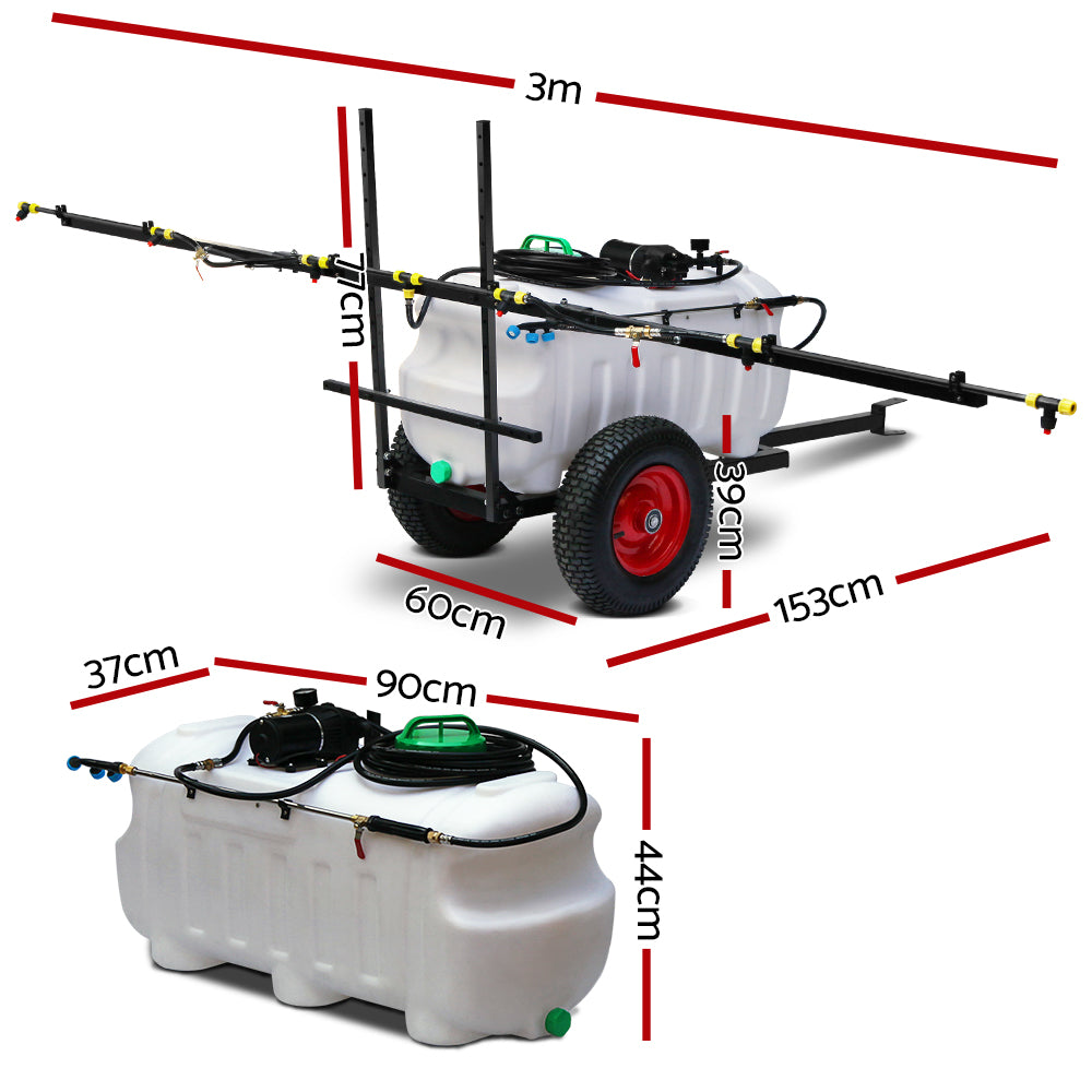 A Giantz Weed Sprayer 100L Trailer 3M Boom Garden Spray with a large 100L white tank, black frame, two red wheels, and multiple nozzles attached to extended horizontal arms. This trailer-mounted system is designed for agricultural applications such as pesticide or fertilizer spraying.