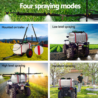 A Giantz Weed Sprayer 100L Trailer 3M Boom Garden Spray with a large 100L white tank, black frame, two red wheels, and multiple nozzles attached to extended horizontal arms. This trailer-mounted system is designed for agricultural applications such as pesticide or fertilizer spraying.