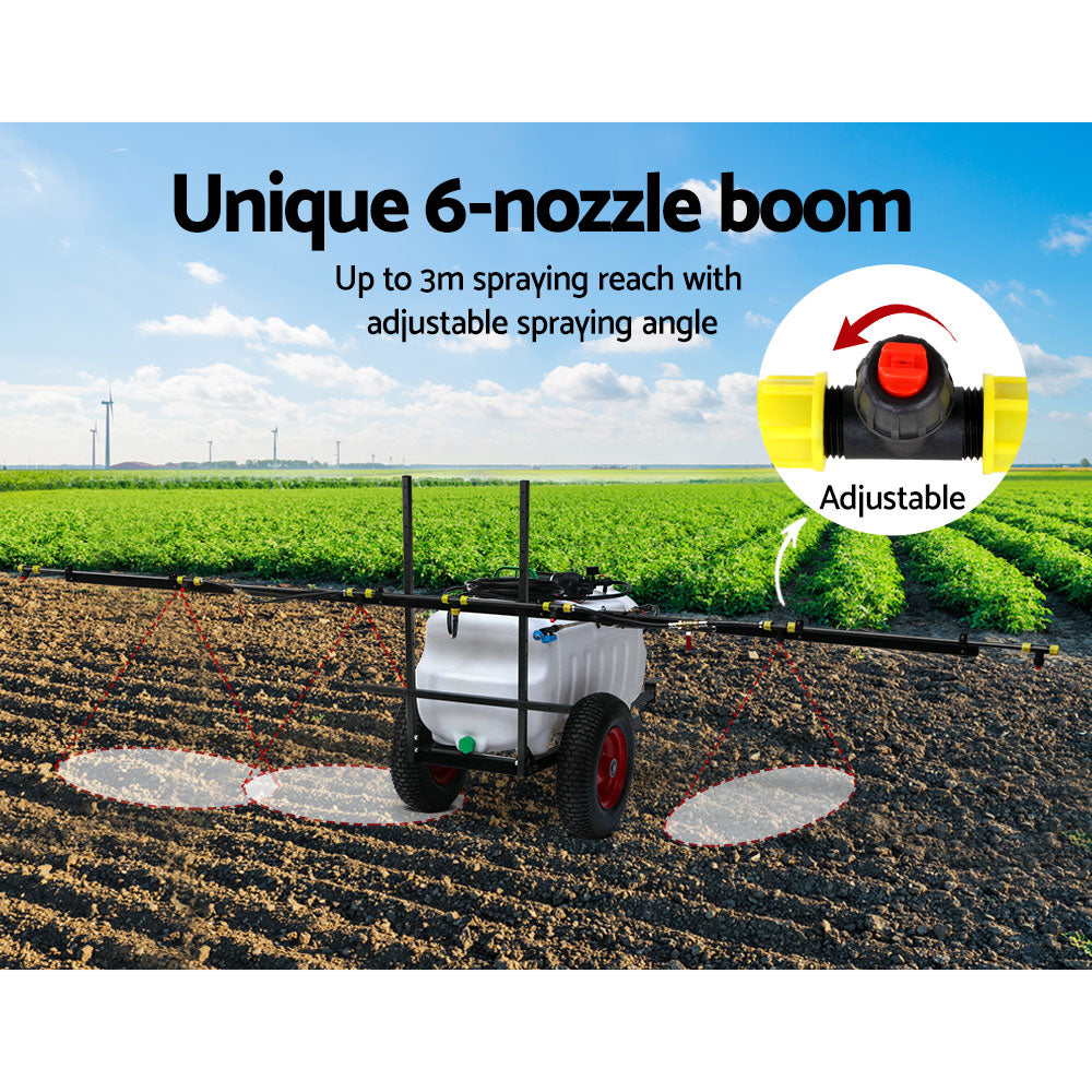 A Giantz Weed Sprayer 100L Trailer 3M Boom Garden Spray with a large 100L white tank, black frame, two red wheels, and multiple nozzles attached to extended horizontal arms. This trailer-mounted system is designed for agricultural applications such as pesticide or fertilizer spraying.