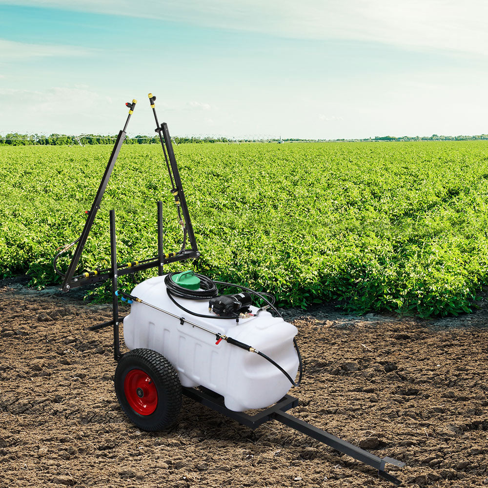 A Giantz Weed Sprayer 100L Trailer 3M Boom Garden Spray with a large 100L white tank, black frame, two red wheels, and multiple nozzles attached to extended horizontal arms. This trailer-mounted system is designed for agricultural applications such as pesticide or fertilizer spraying.