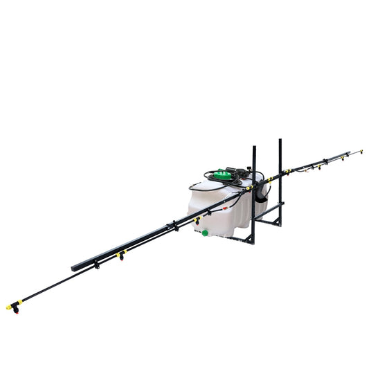 A large Giantz Weed Sprayer 100L 5M Boom Garden Spray with a long horizontal boom and multiple nozzles is mounted on a metal frame, featuring a 100-litre capacity white tank in the center. The self-priming pump ensures it efficiently applies liquid fertilizers or pesticides evenly over wide fields.