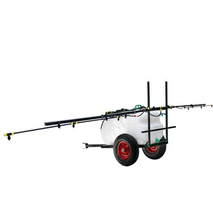 A Giantz Weed Sprayer 100L Trailer 5M Boom Garden Spray with a large white tank mounted on a frame with two red wheels and black tires. It features long, horizontal spray booms extending from either side and comes equipped with a high pressure chemical-grade hose for efficient spraying.