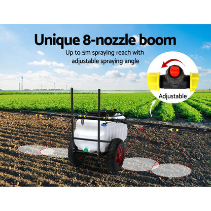 A Giantz Weed Sprayer 100L Trailer 5M Boom Garden Spray with a large white tank mounted on a frame with two red wheels and black tires. It features long, horizontal spray booms extending from either side and comes equipped with a high pressure chemical-grade hose for efficient spraying.