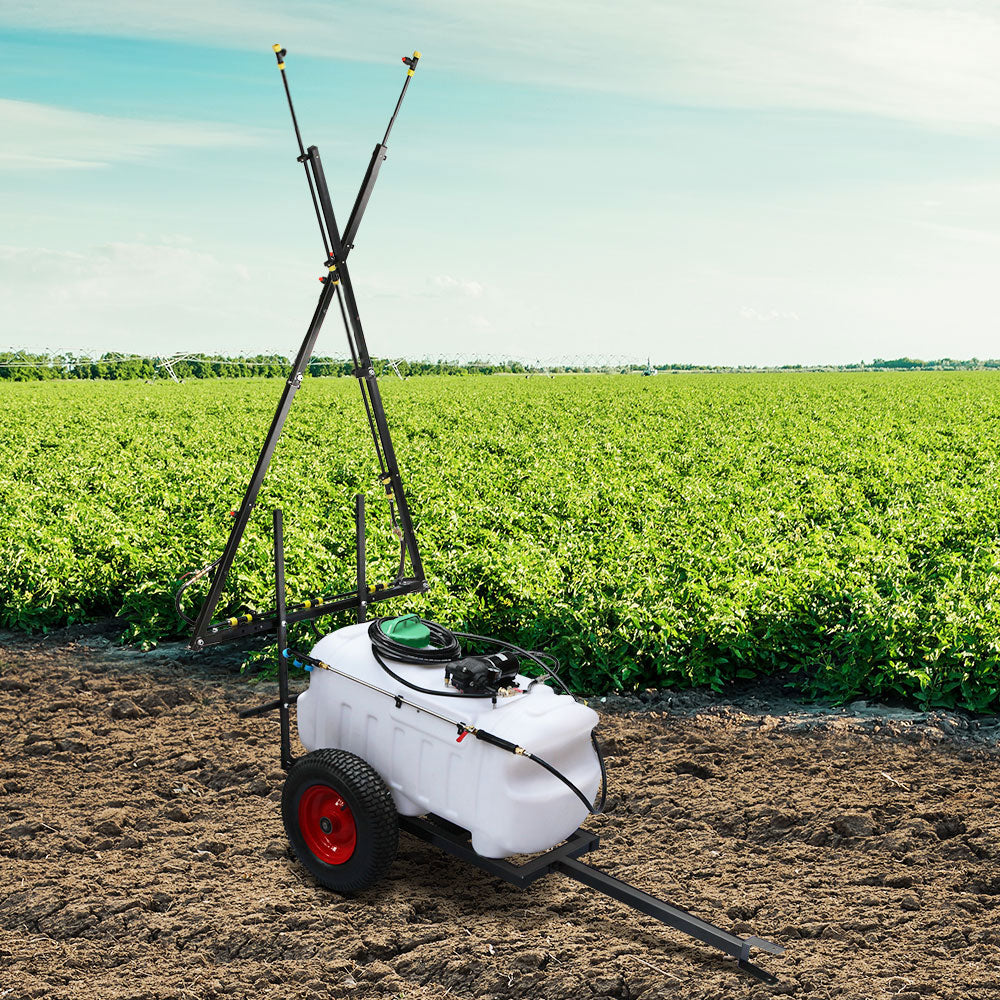 A Giantz Weed Sprayer 100L Trailer 5M Boom Garden Spray with a large white tank mounted on a frame with two red wheels and black tires. It features long, horizontal spray booms extending from either side and comes equipped with a high pressure chemical-grade hose for efficient spraying.