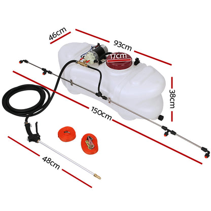 A Giantz Weed Sprayer 100L 1.5M Fixed Boom Garden Spray with a red cap, adjustable nozzle, and long black hose is shown. The sprayer is mounted on a tank with a built-in handle and features a self-priming pump for convenience. Two additional extension wands with spray nozzles are placed below the tank.