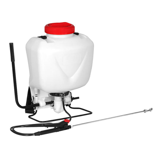 The Giantz Weed Sprayer 15L Knapsack Backpack Garden Spray, with a 15L capacity, is pictured. It has a white backpack sprayer with a red cap, black straps, and a black pump handle on the side. This model features a self-priming pump and includes a long metal spray wand attached to a flexible hose for distributing liquids such as pesticides or fertilizers.