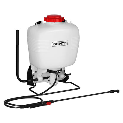 A white, plastic backpack sprayer with a red cap. The Giantz Weed Sprayer 15L Knapsack Backpack Plastic features adjustable black shoulder straps, a manual hand pump on the side, and a long black spray wand attached to it with a hose. This 15L capacity sprayer is perfect for various tasks.