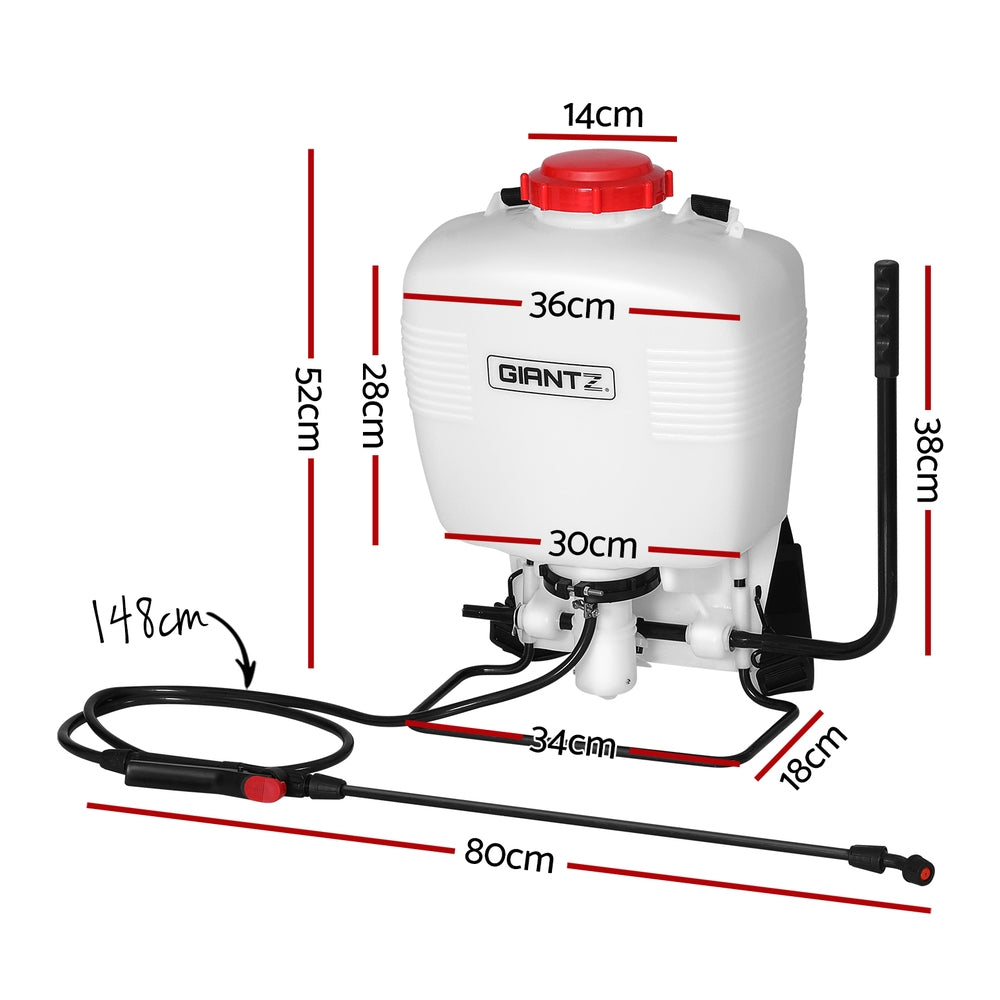 A white, plastic backpack sprayer with a red cap. The Giantz Weed Sprayer 15L Knapsack Backpack Plastic features adjustable black shoulder straps, a manual hand pump on the side, and a long black spray wand attached to it with a hose. This 15L capacity sprayer is perfect for various tasks.