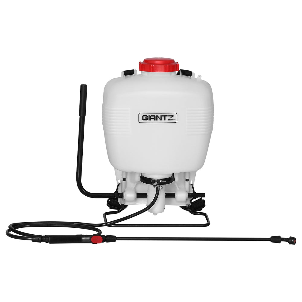 A white, plastic backpack sprayer with a red cap. The Giantz Weed Sprayer 15L Knapsack Backpack Plastic features adjustable black shoulder straps, a manual hand pump on the side, and a long black spray wand attached to it with a hose. This 15L capacity sprayer is perfect for various tasks.