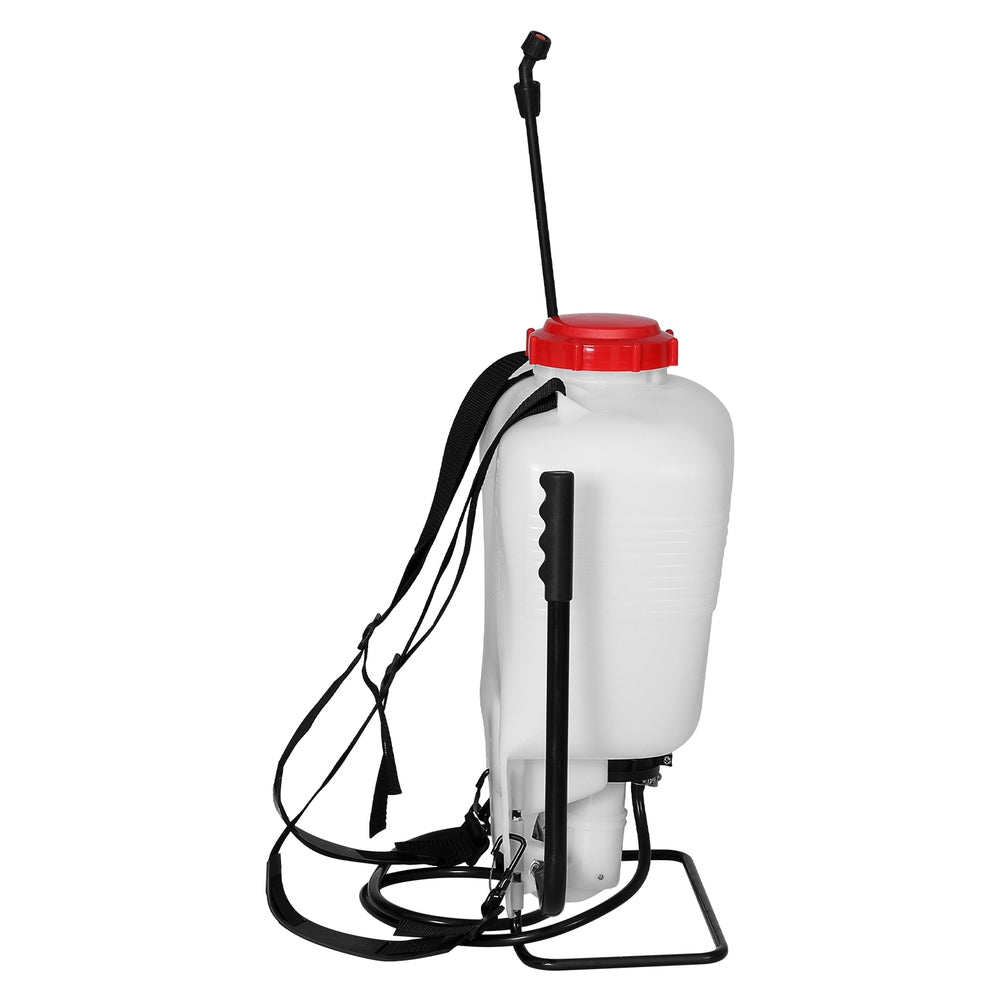 A white, plastic backpack sprayer with a red cap. The Giantz Weed Sprayer 15L Knapsack Backpack Plastic features adjustable black shoulder straps, a manual hand pump on the side, and a long black spray wand attached to it with a hose. This 15L capacity sprayer is perfect for various tasks.