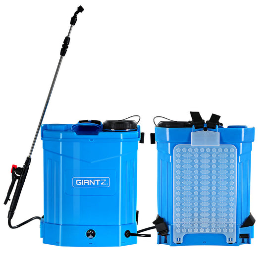 The image shows a blue Giantz Weed Sprayer Electric 16L Knapsack Backpack Pesticide Spray Farm Garden from two angles: front and back. The front view highlights the sprayer with a long black wand attached, while the back view displays the padded back support and adjustable black shoulder straps, making it an ideal garden sprayer.