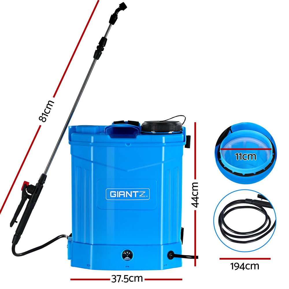 The image shows a blue Giantz Weed Sprayer Electric 16L Knapsack Backpack Pesticide Spray Farm Garden from two angles: front and back. The front view highlights the sprayer with a long black wand attached, while the back view displays the padded back support and adjustable black shoulder straps, making it an ideal garden sprayer.