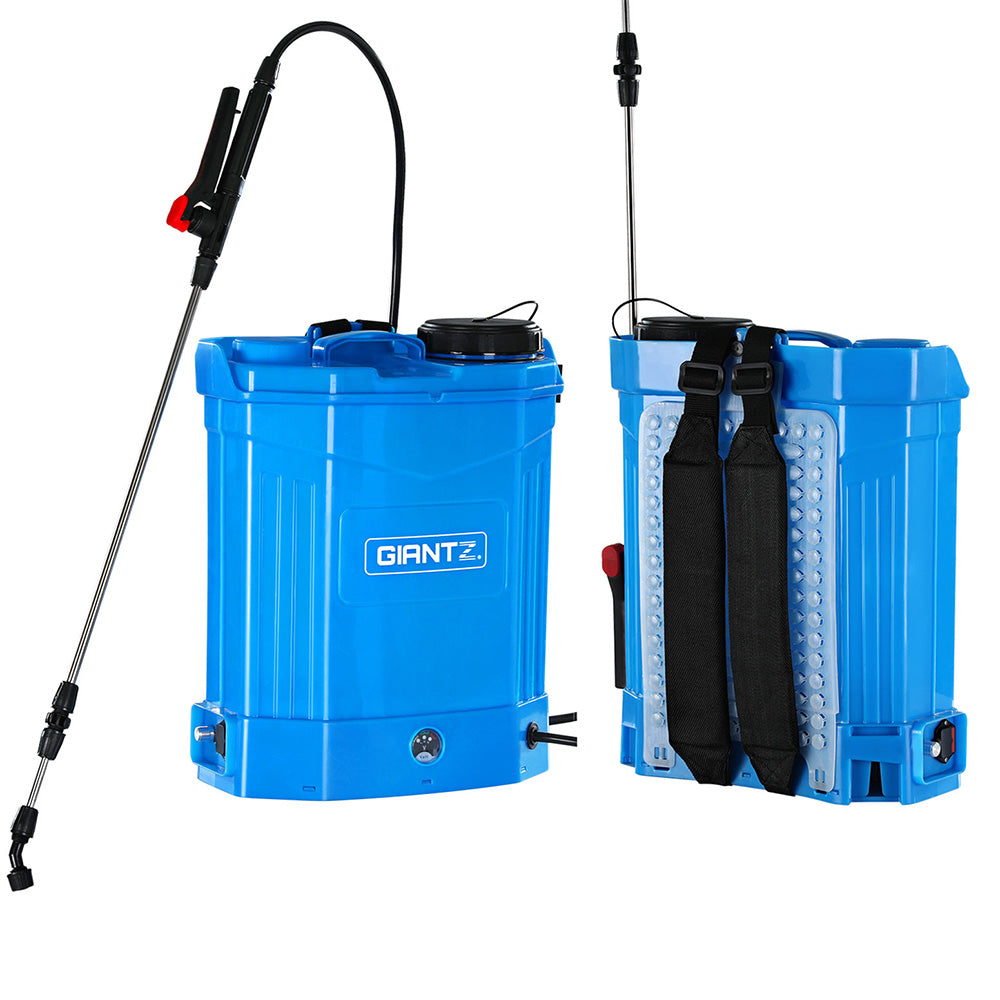 The image shows a blue Giantz Weed Sprayer Electric 16L Knapsack Backpack Pesticide Spray Farm Garden from two angles: front and back. The front view highlights the sprayer with a long black wand attached, while the back view displays the padded back support and adjustable black shoulder straps, making it an ideal garden sprayer.