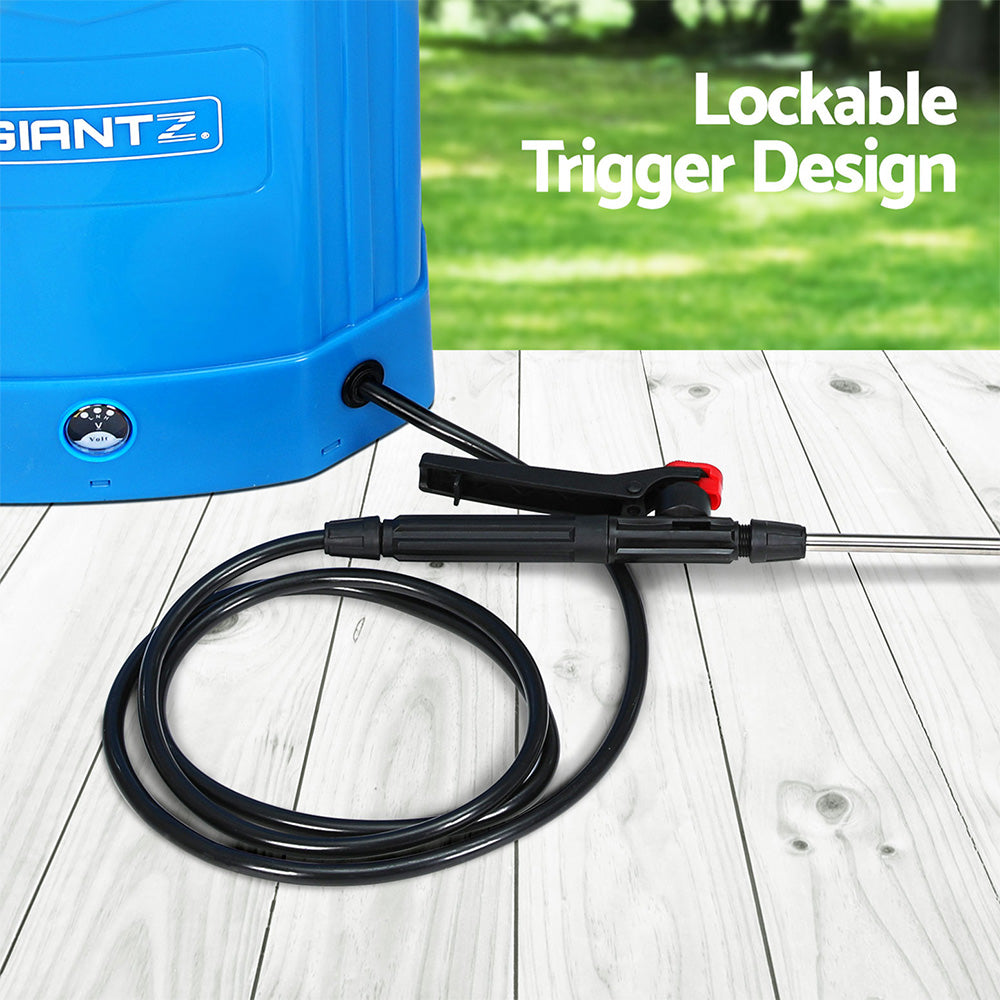 The image shows a blue Giantz Weed Sprayer Electric 16L Knapsack Backpack Pesticide Spray Farm Garden from two angles: front and back. The front view highlights the sprayer with a long black wand attached, while the back view displays the padded back support and adjustable black shoulder straps, making it an ideal garden sprayer.