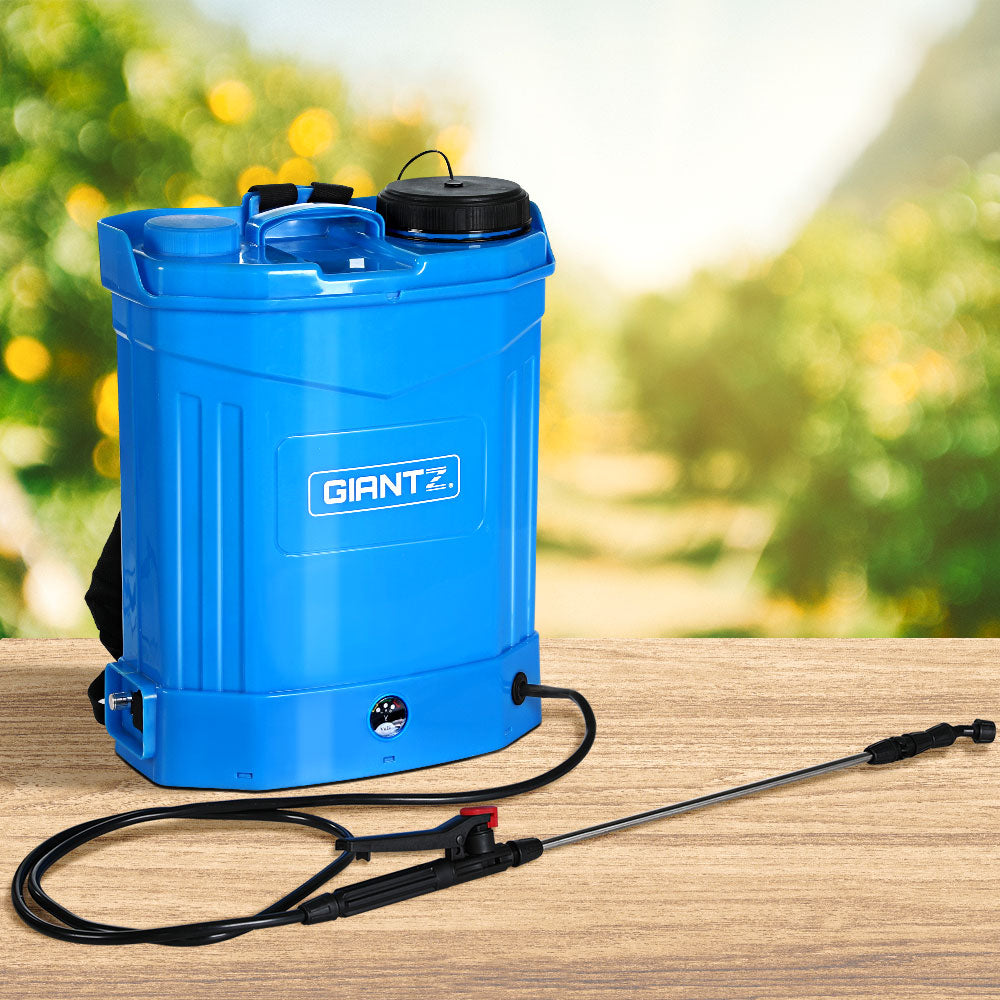 The image shows a blue Giantz Weed Sprayer Electric 16L Knapsack Backpack Pesticide Spray Farm Garden from two angles: front and back. The front view highlights the sprayer with a long black wand attached, while the back view displays the padded back support and adjustable black shoulder straps, making it an ideal garden sprayer.