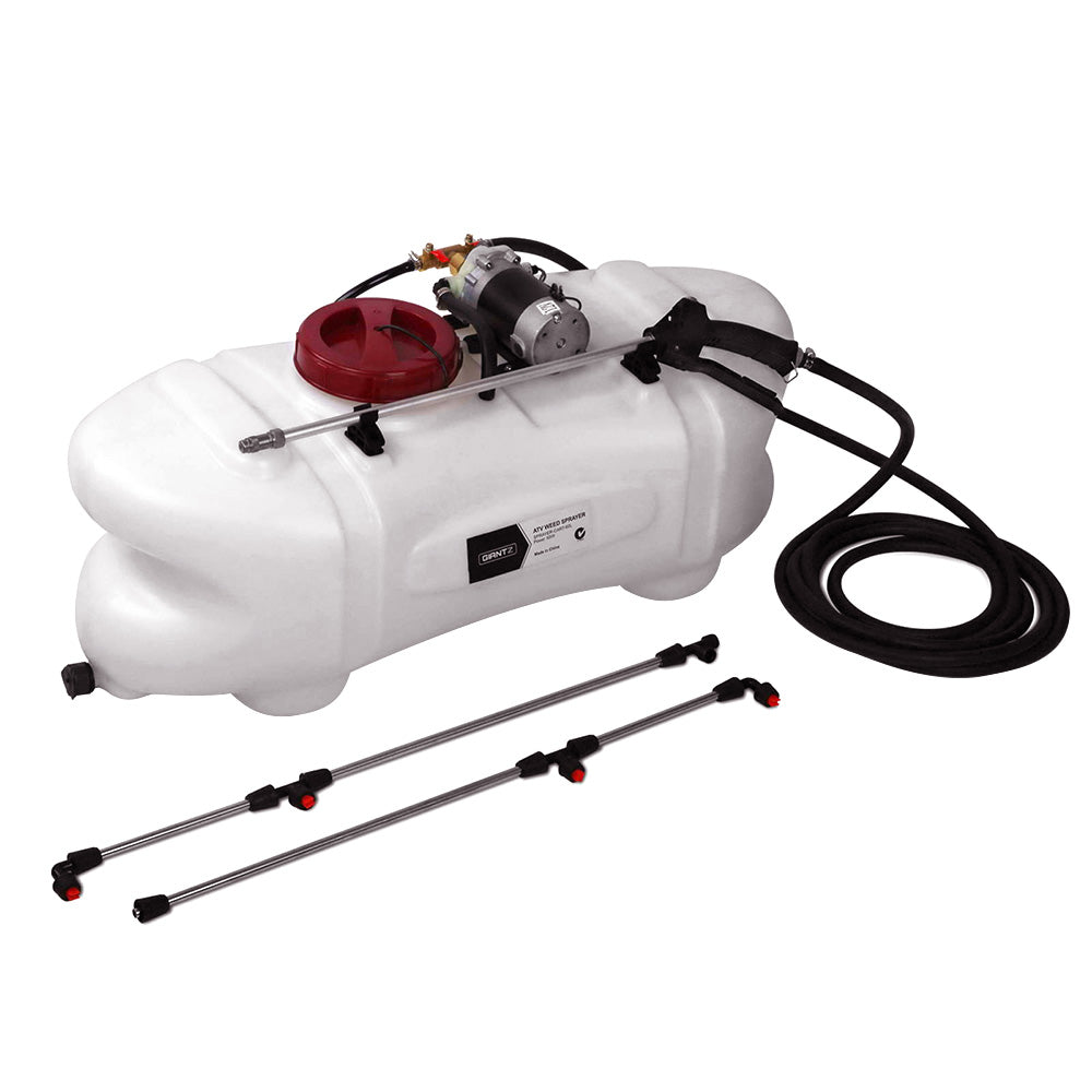 A white, portable agricultural sprayer with a red cap and a small motor fixed on top. It includes a long black hose and three metal spray wands with red-tipped nozzles. Featuring a UV stable design, the Giantz Weed Sprayer 60L 1.5M Fixed Boom Garden Spray boasts durability and efficient performance for all your spraying needs.