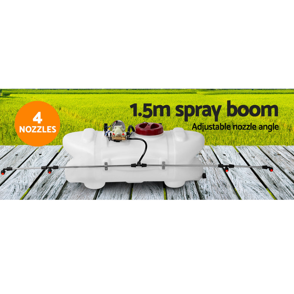 A white, portable agricultural sprayer with a red cap and a small motor fixed on top. It includes a long black hose and three metal spray wands with red-tipped nozzles. Featuring a UV stable design, the Giantz Weed Sprayer 60L 1.5M Fixed Boom Garden Spray boasts durability and efficient performance for all your spraying needs.