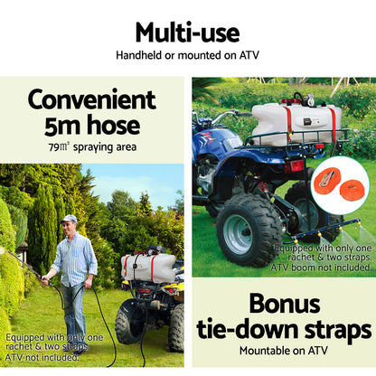 A white, portable agricultural sprayer with a red cap and a small motor fixed on top. It includes a long black hose and three metal spray wands with red-tipped nozzles. Featuring a UV stable design, the Giantz Weed Sprayer 60L 1.5M Fixed Boom Garden Spray boasts durability and efficient performance for all your spraying needs.