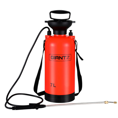 The Giantz Weed Sprayer Pressure 7L Shoulder Garden Spray, with a bright red 7L capacity tank, features a black handle and shoulder strap. It boasts a long hose attached to a black nozzle with a metal spray wand. The multi-functional garden tool includes measurements along the side for easy mixing and spraying.