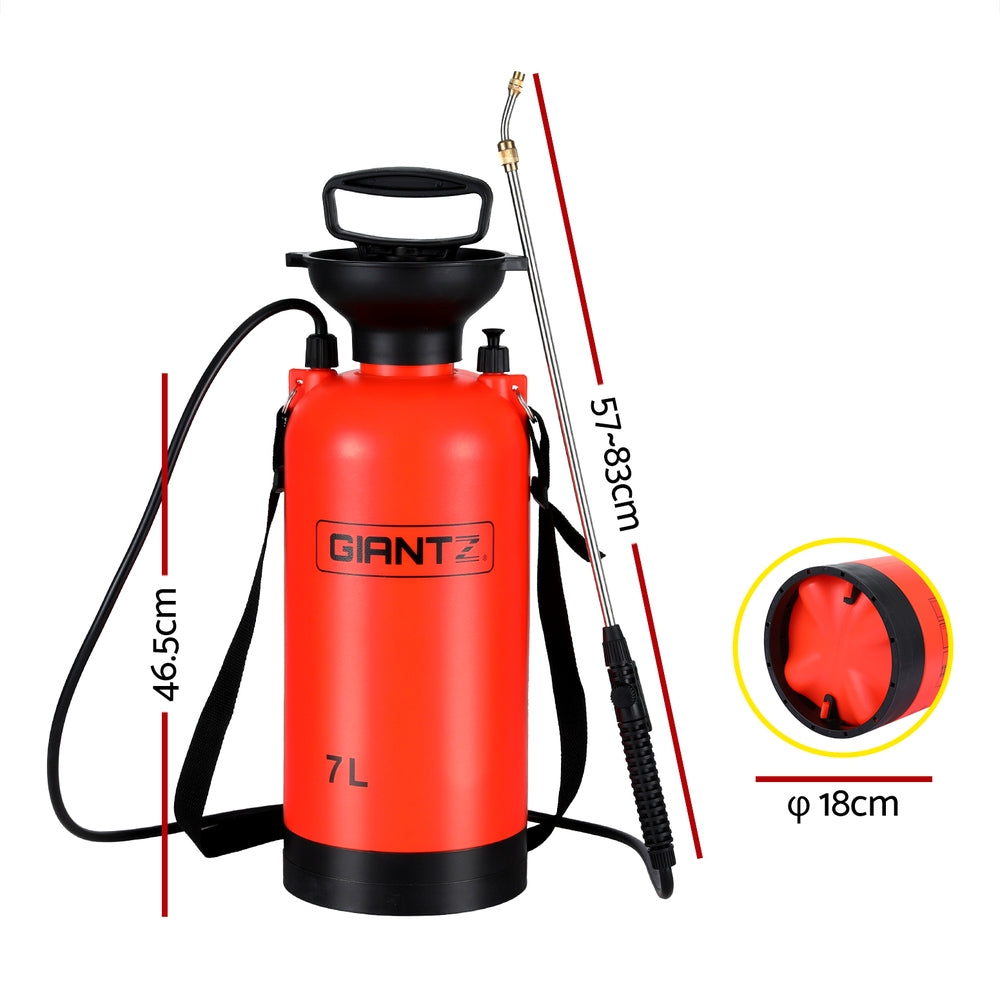 The Giantz Weed Sprayer Pressure 7L Shoulder Garden Spray, with a bright red 7L capacity tank, features a black handle and shoulder strap. It boasts a long hose attached to a black nozzle with a metal spray wand. The multi-functional garden tool includes measurements along the side for easy mixing and spraying.