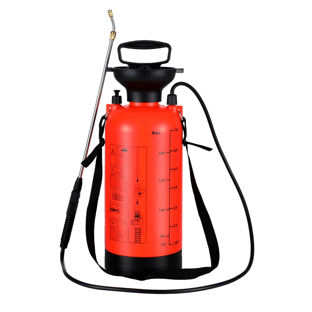 The Giantz Weed Sprayer Pressure 7L Shoulder Garden Spray, with a bright red 7L capacity tank, features a black handle and shoulder strap. It boasts a long hose attached to a black nozzle with a metal spray wand. The multi-functional garden tool includes measurements along the side for easy mixing and spraying.