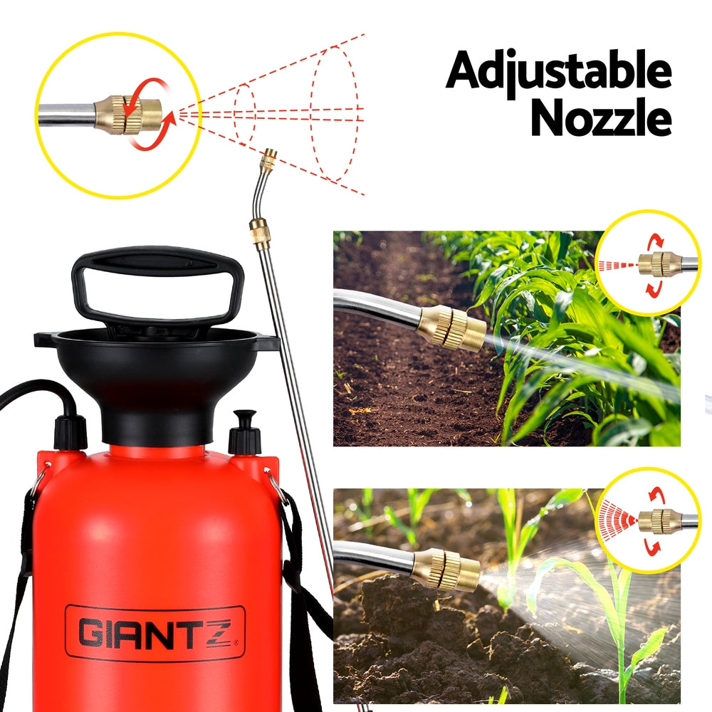 The Giantz Weed Sprayer Pressure 7L Shoulder Garden Spray, with a bright red 7L capacity tank, features a black handle and shoulder strap. It boasts a long hose attached to a black nozzle with a metal spray wand. The multi-functional garden tool includes measurements along the side for easy mixing and spraying.