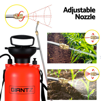 The Giantz Weed Sprayer Pressure 7L Shoulder Garden Spray, with a bright red 7L capacity tank, features a black handle and shoulder strap. It boasts a long hose attached to a black nozzle with a metal spray wand. The multi-functional garden tool includes measurements along the side for easy mixing and spraying.