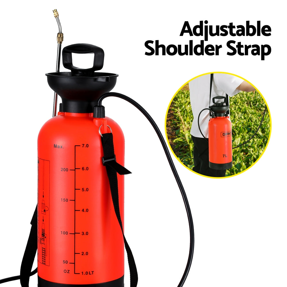 The Giantz Weed Sprayer Pressure 7L Shoulder Garden Spray, with a bright red 7L capacity tank, features a black handle and shoulder strap. It boasts a long hose attached to a black nozzle with a metal spray wand. The multi-functional garden tool includes measurements along the side for easy mixing and spraying.