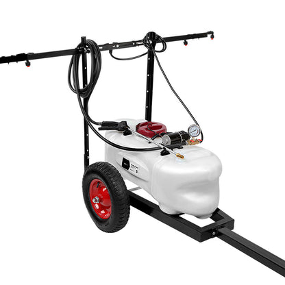 A white Giantz Weed Sprayer 100L Trailer 1.5M Boom Garden Spray consisting of a large tank, red wheels, black hoses, and a pressure gauge. It's mounted on a metal frame with an adjustable boom rack for dispensing the liquid. The long handle suggests it can be pulled for use. Ideal as an ATV Weed Sprayer.